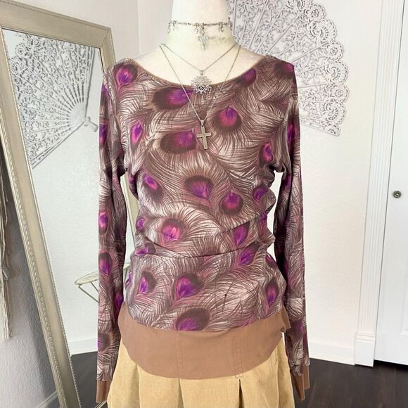The Limited Tops - The Limited Early 2000's Purple Pink Brown Mesh Peacock Print Long Sleeve Top L